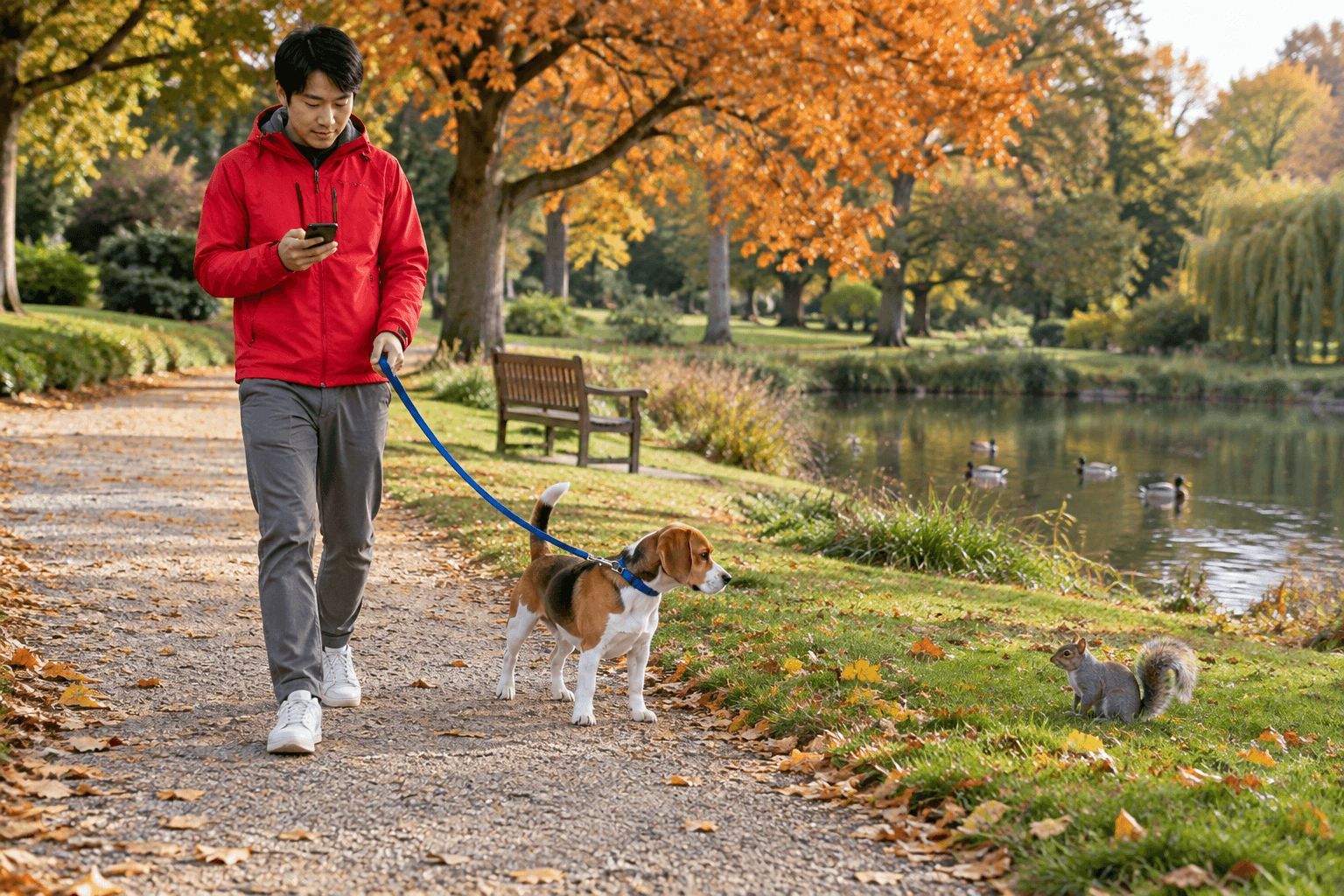 Kenji is walking his dog in the park. He is looking at his phone. The dog is looking at a squirrel on the grass.
