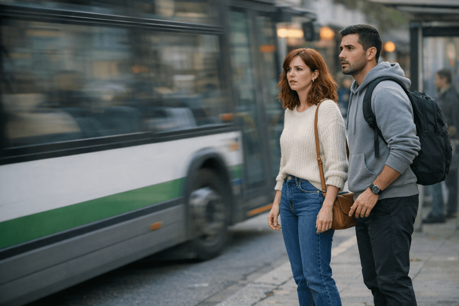 The bus drives past without stopping. Rosa and Marco look surprised and worried.