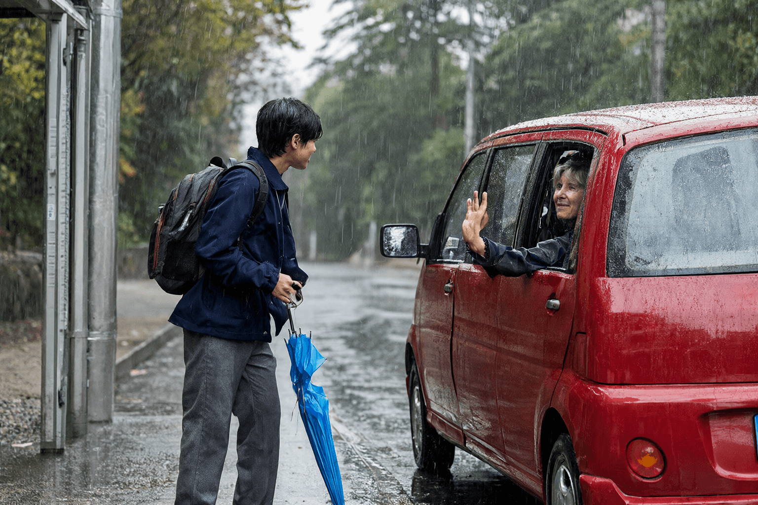 A car stops at the bus stop. Leo's neighbour, Mrs Green, opens the window and offers him a lift.