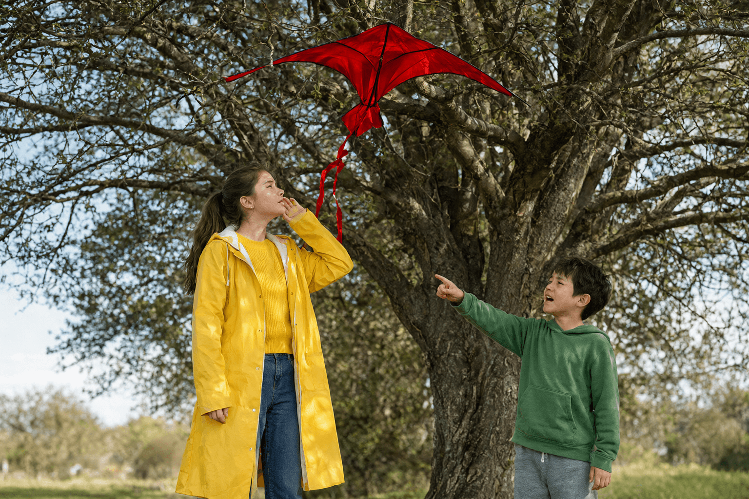 The wind blows the kite into a tall tree. The kite is stuck at the top. Max points at it and Zara looks worried.